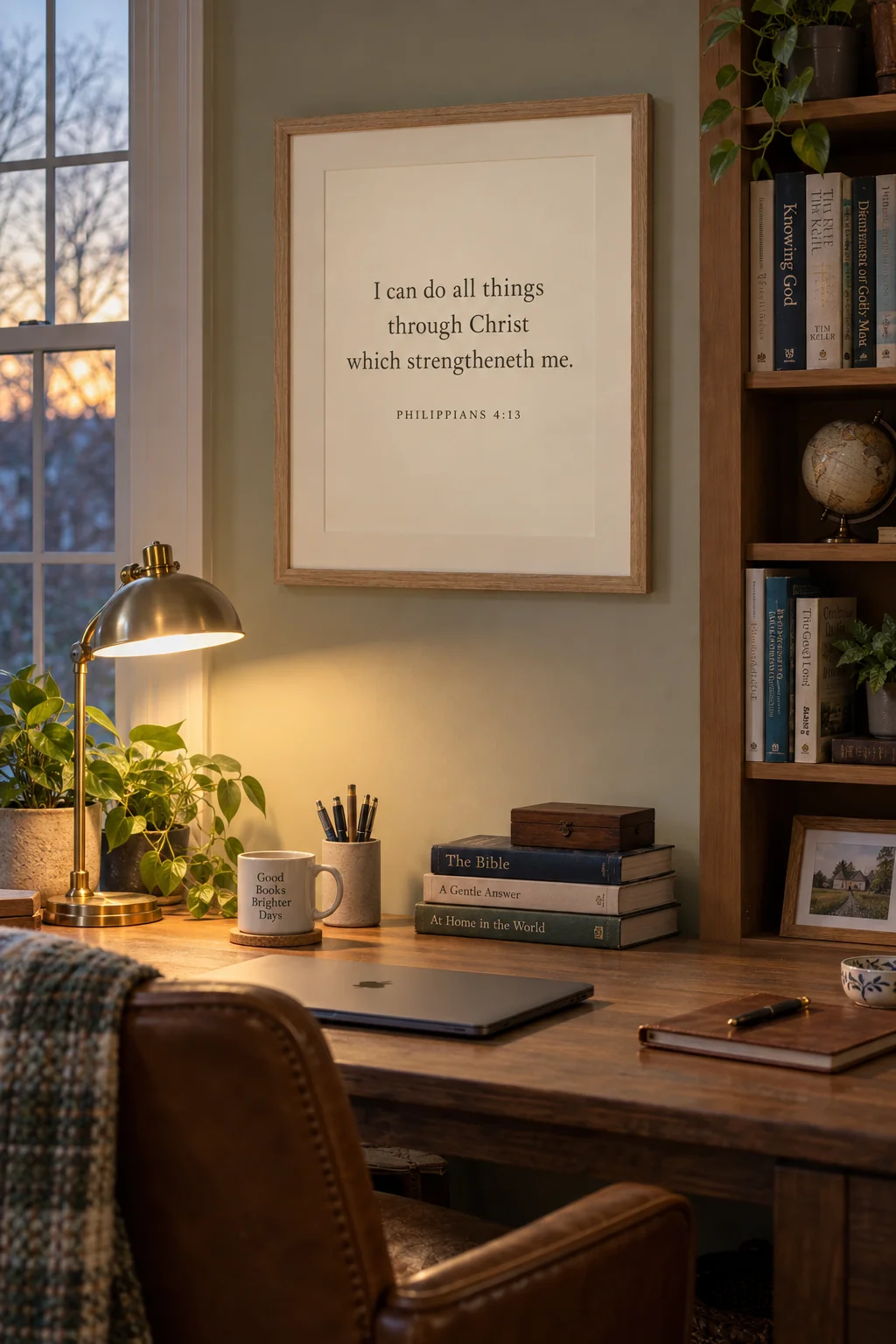 All Things Through Christ, Philippians 4:13, hanging in a study