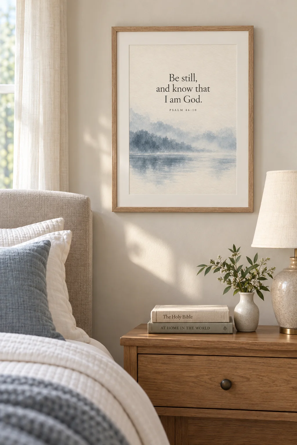 Be Still, Psalm 46:10, framed in natural wood above a bedroom nightstand