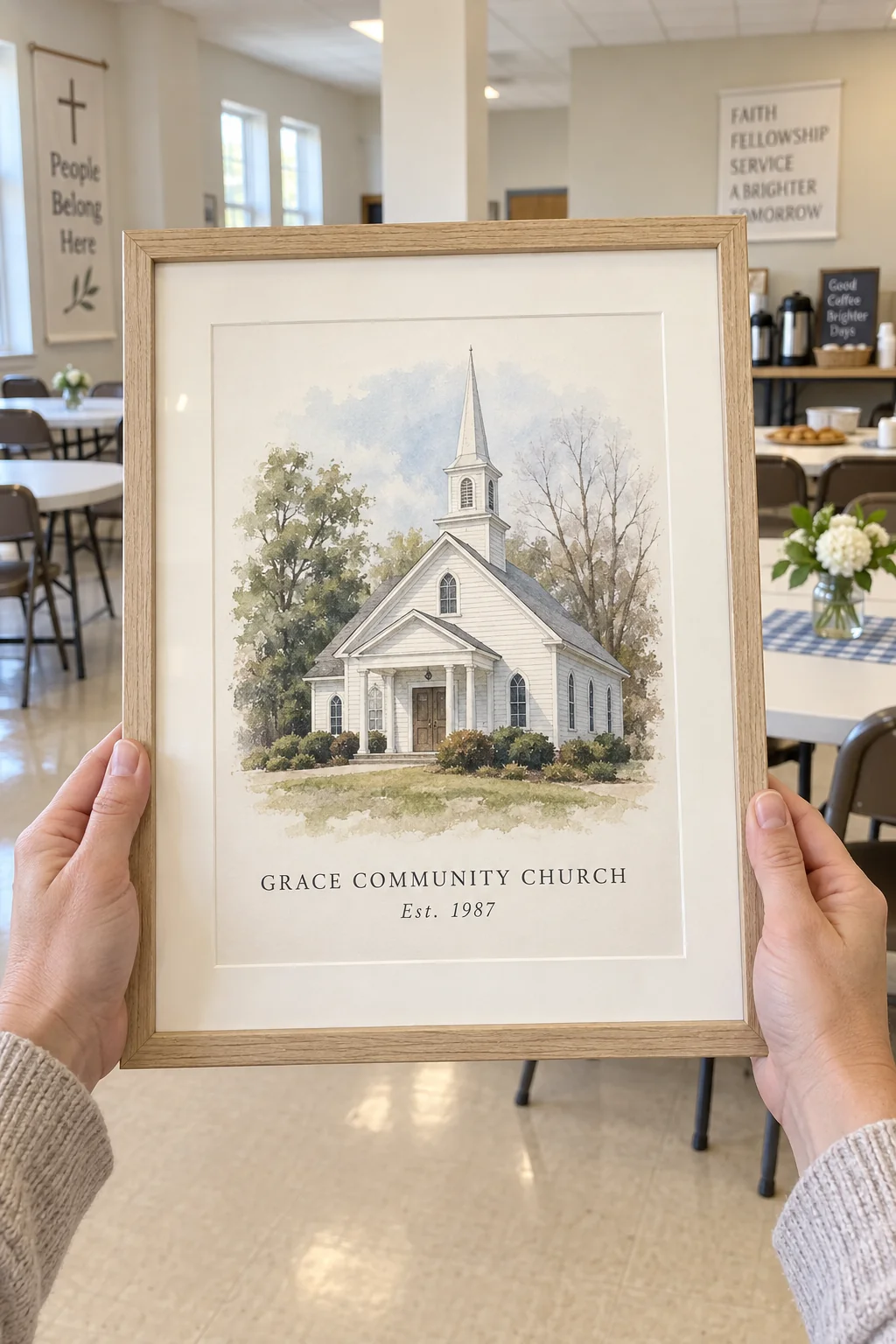 The Church Portrait, held in two hands before it is given