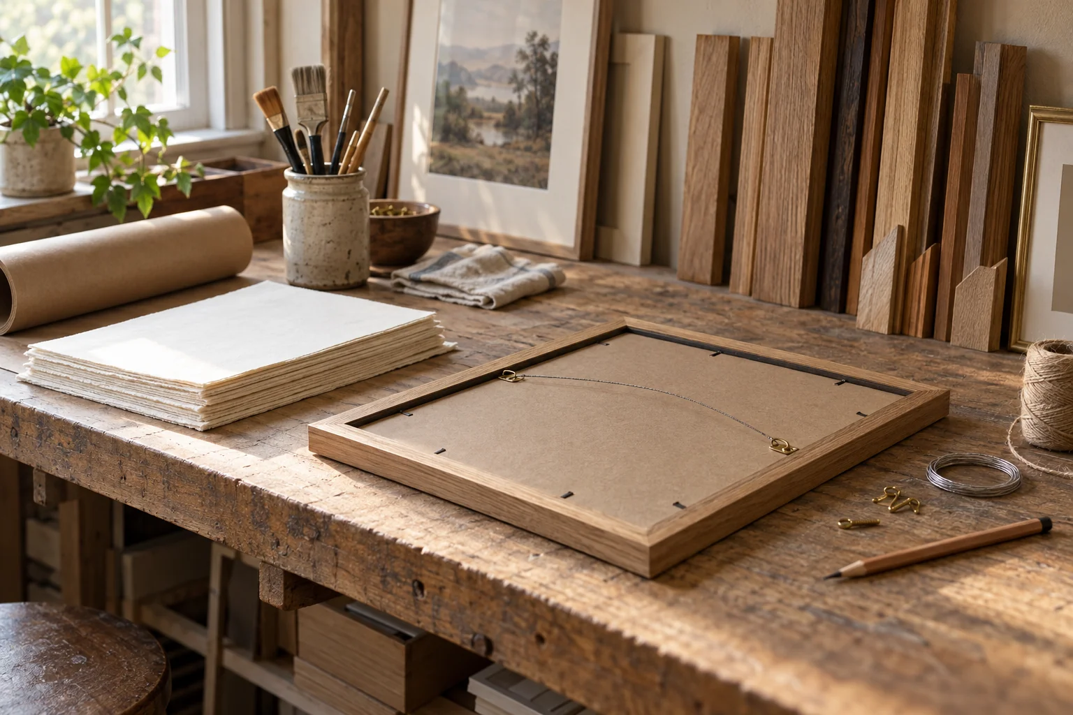 A work table in the studio where pieces are prepared