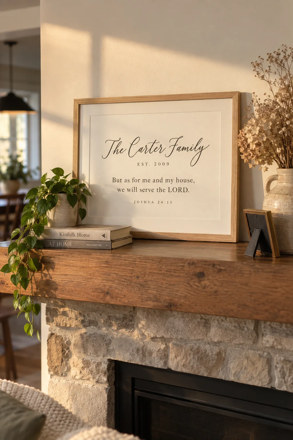 The Family Verse, hanging above a mantel in a living room