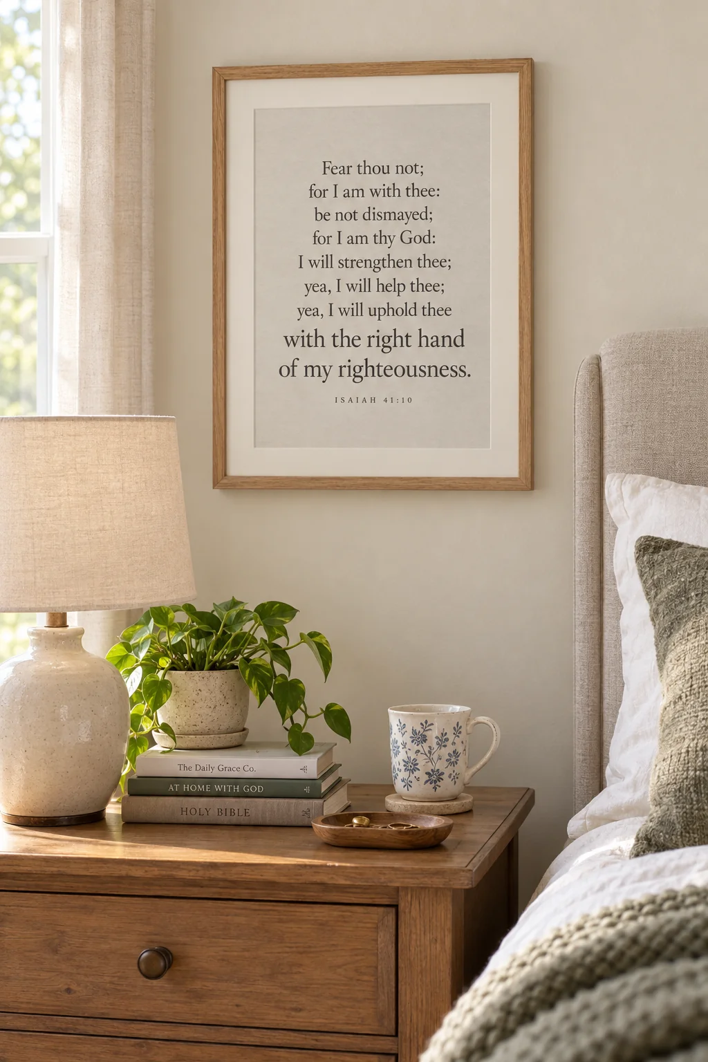 Fear Thou Not, Isaiah 41:10, hanging in a bedroom