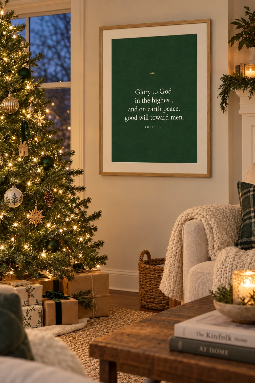 Glory to God in the Highest, Luke 2:14, hanging beside a Christmas tree