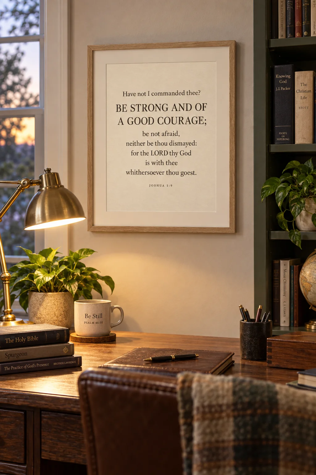 Be Strong and of a Good Courage, Joshua 1:9, hanging in a study