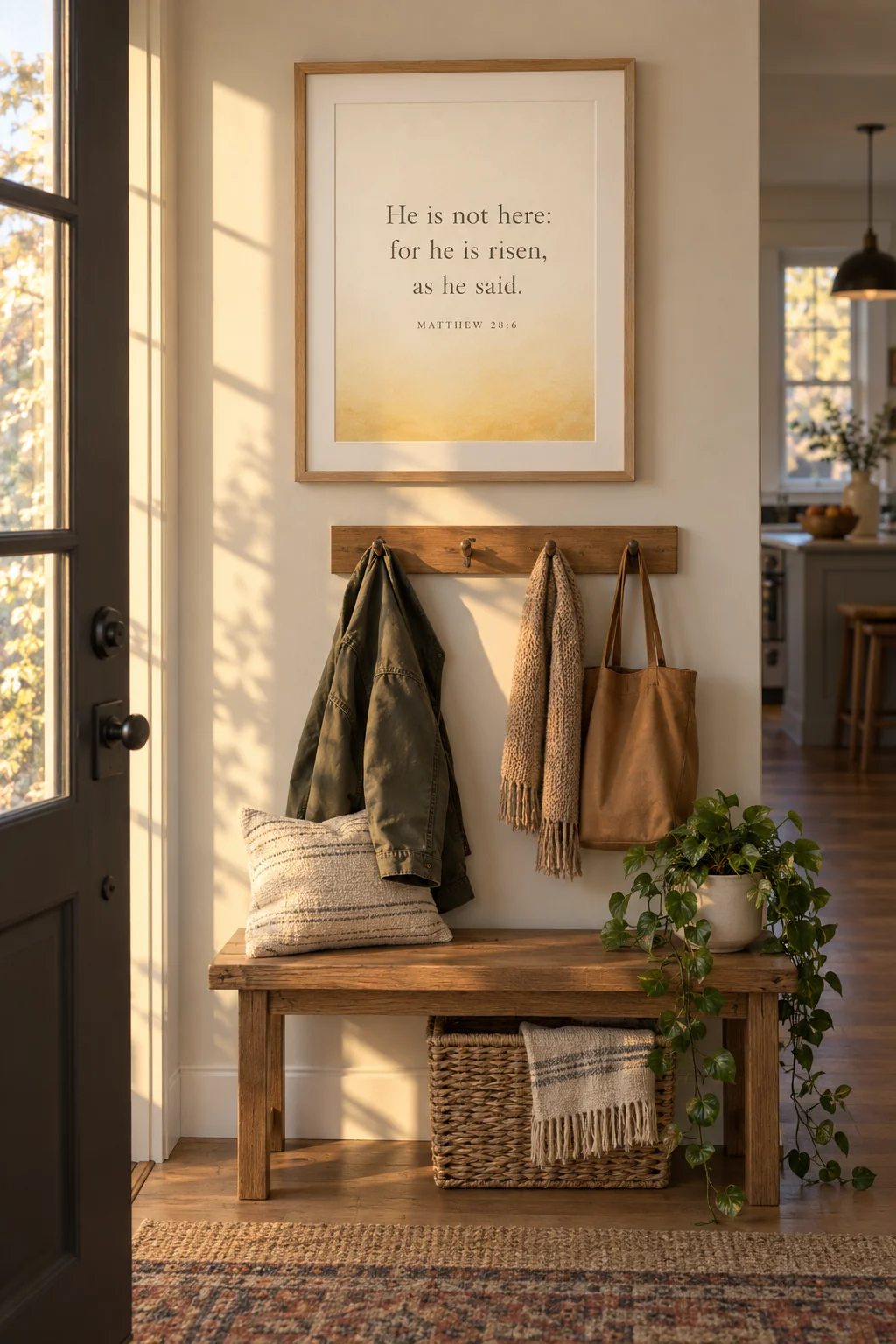 He Is Risen, Matthew 28:6, hanging in an entryway