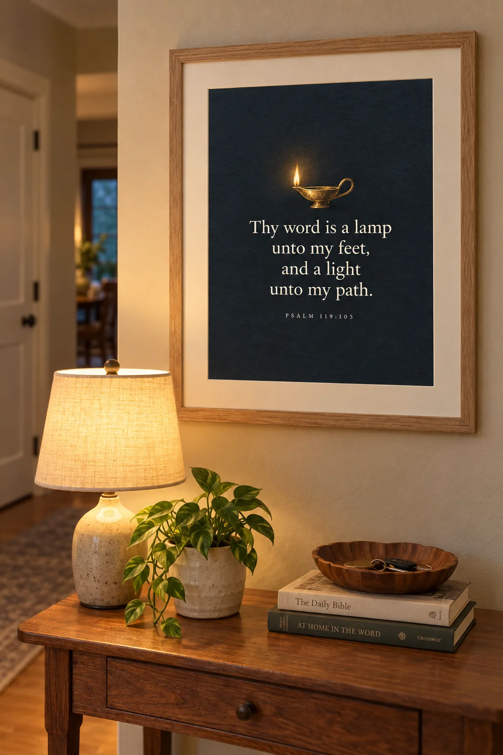 A Lamp Unto My Feet, Psalm 119:105, hanging in a hallway