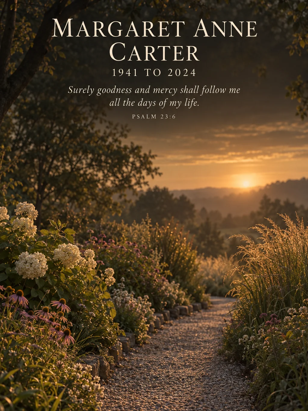 In His Keeping, the garden artwork with the name, dates and verse