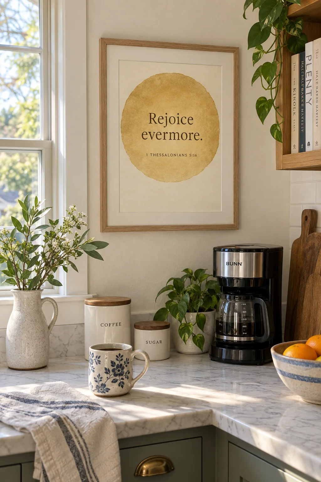 Rejoice Always, 1 Thessalonians 5:16, hanging in a kitchen