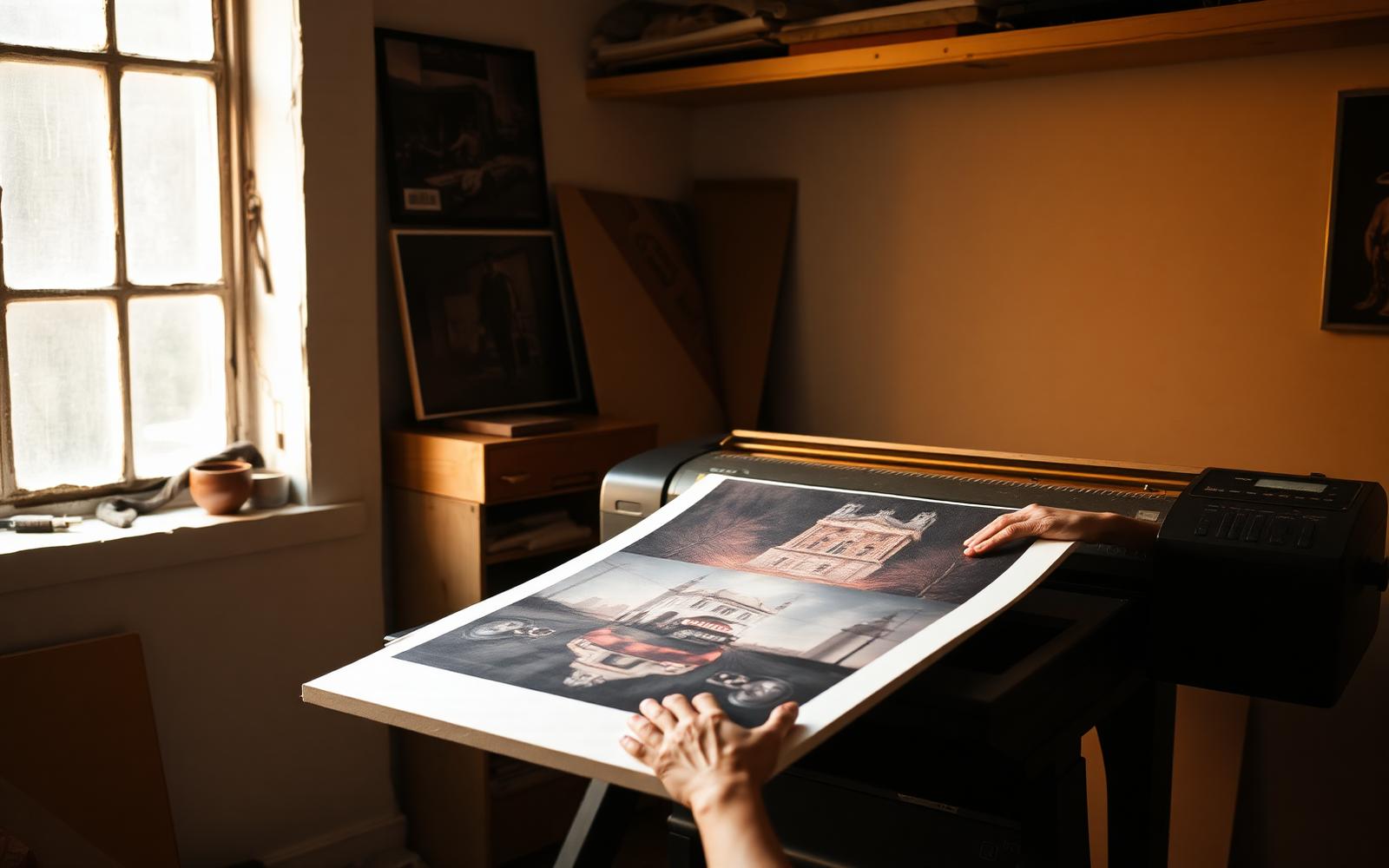 Hands checking a freshly printed fine art canvas in a print studio