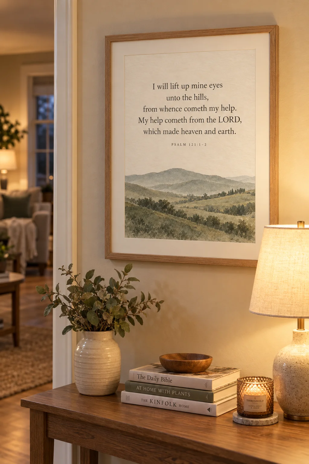 Unto the Hills, Psalm 121:1-2, hanging in a hallway