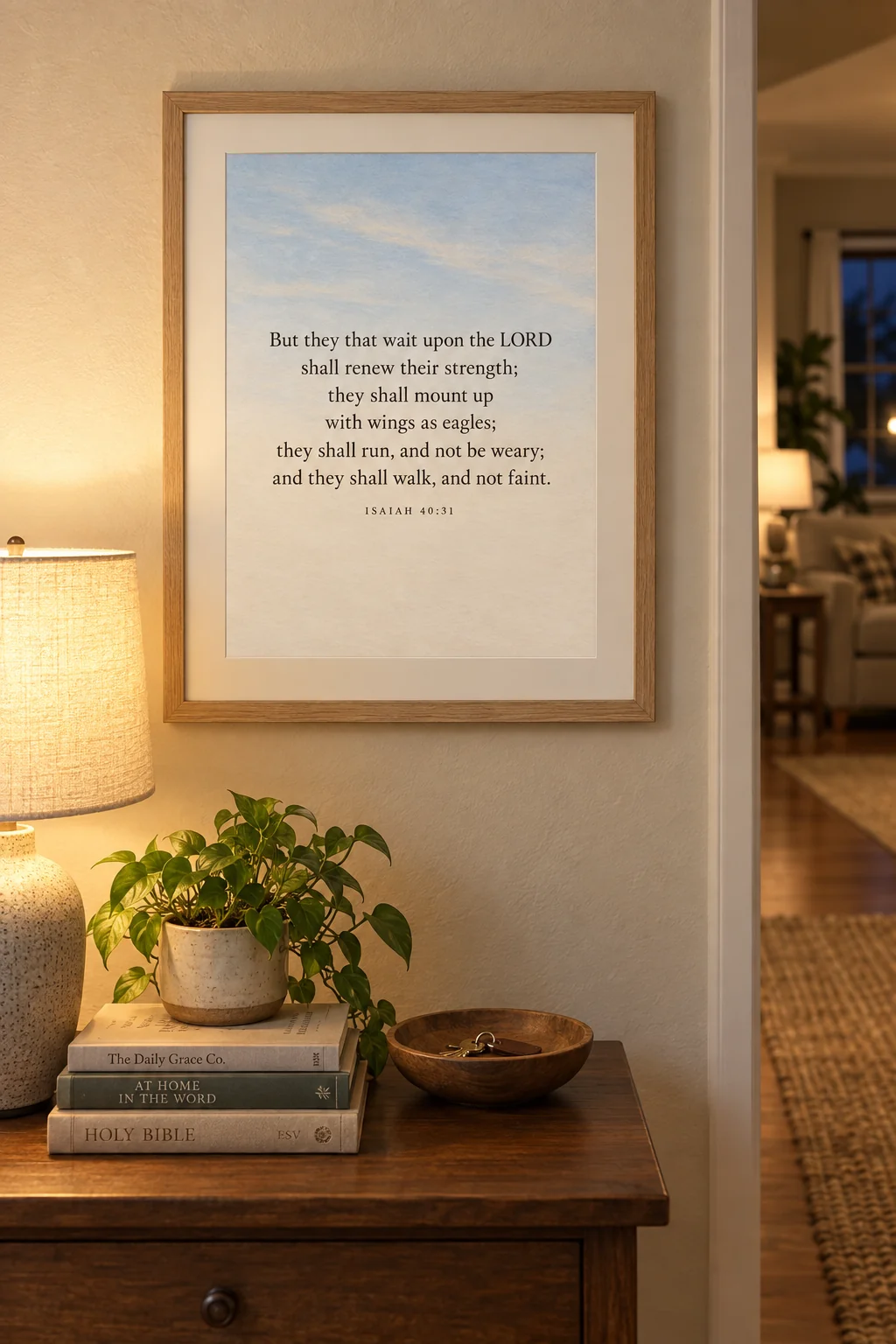 Wings as Eagles, Isaiah 40:31, hanging in a hallway